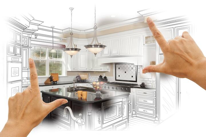 A kitchen renovation design with an open floor plan, featuring a large island and modern appliances in San Jose
